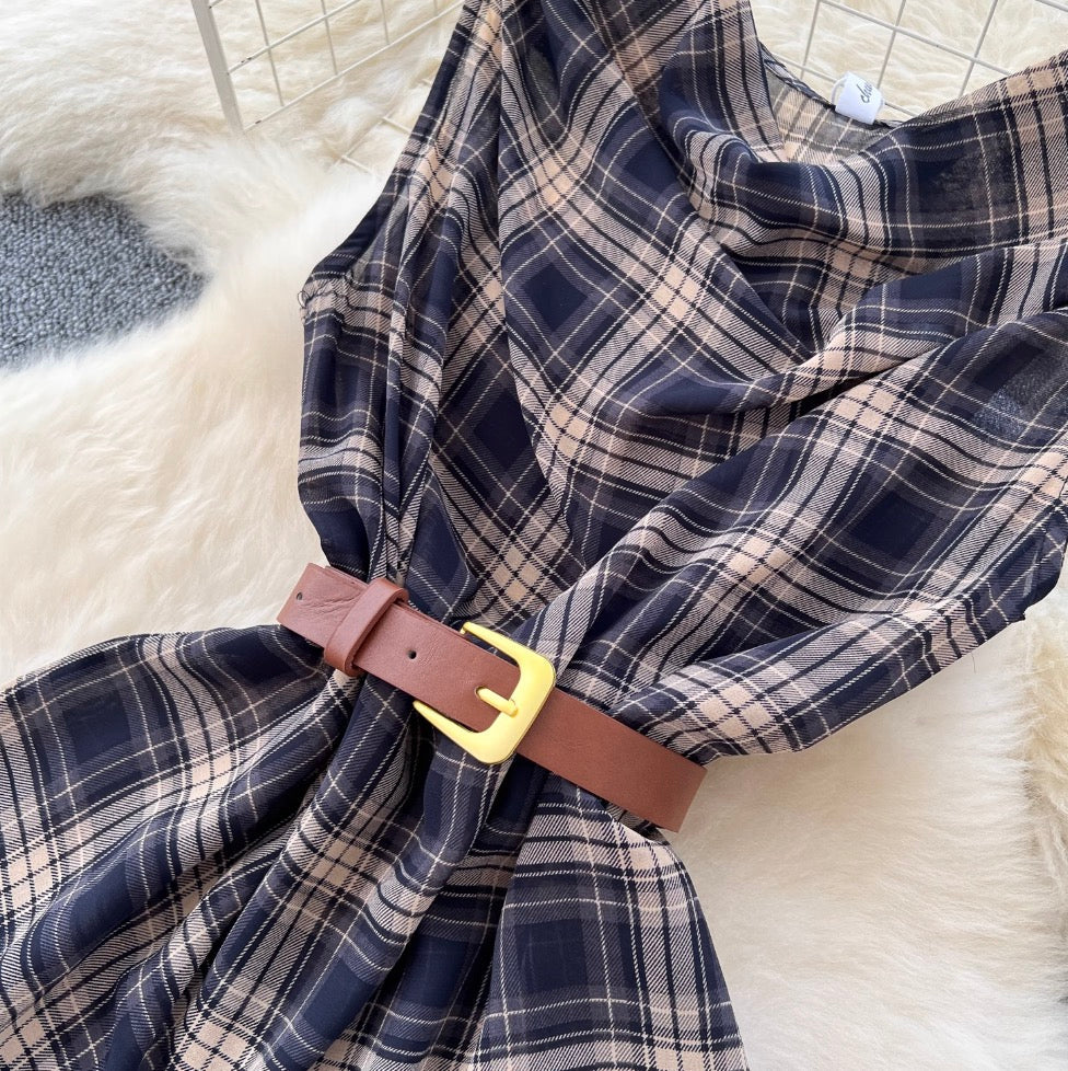 Vintage Plaid Printed Top & Skirt 2Pcs