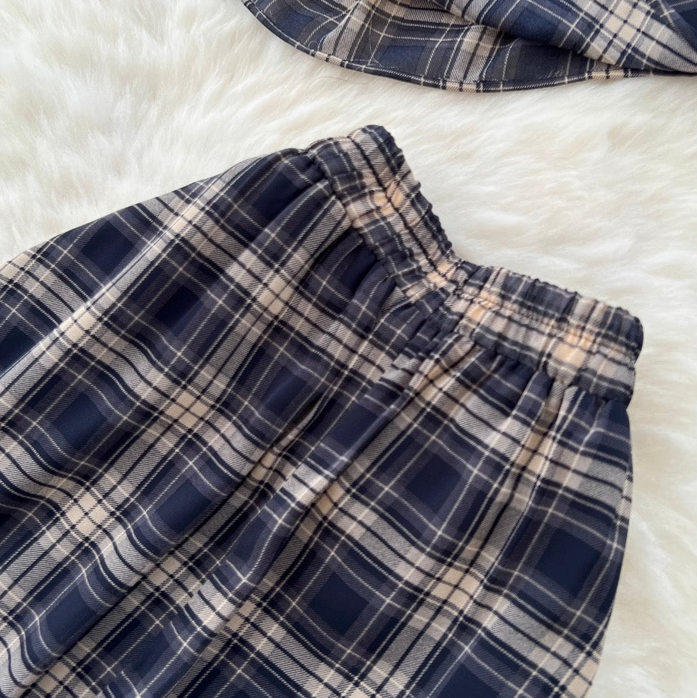 Vintage Plaid Printed Top & Skirt 2Pcs