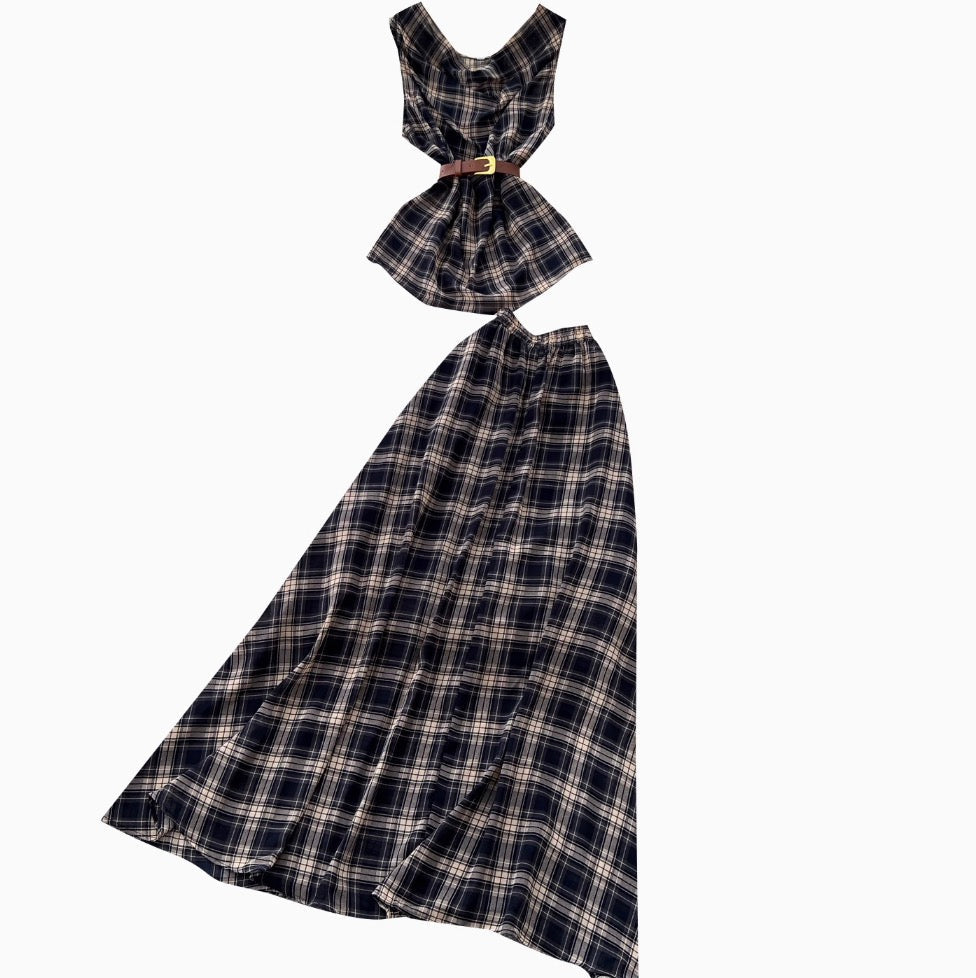 Vintage Plaid Printed Top & Skirt 2Pcs