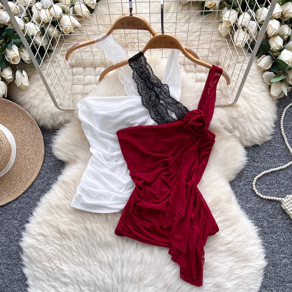Sexy Asymmetric Lace Ruffled Camisole
