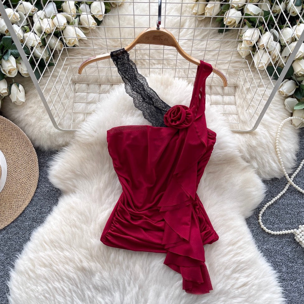 Sexy Asymmetric Lace Ruffled Camisole