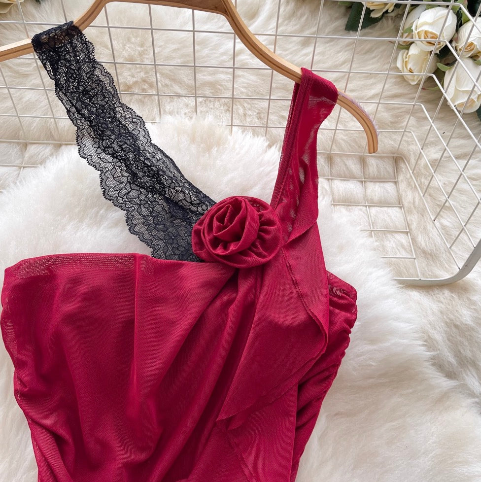 Sexy Asymmetric Lace Ruffled Camisole