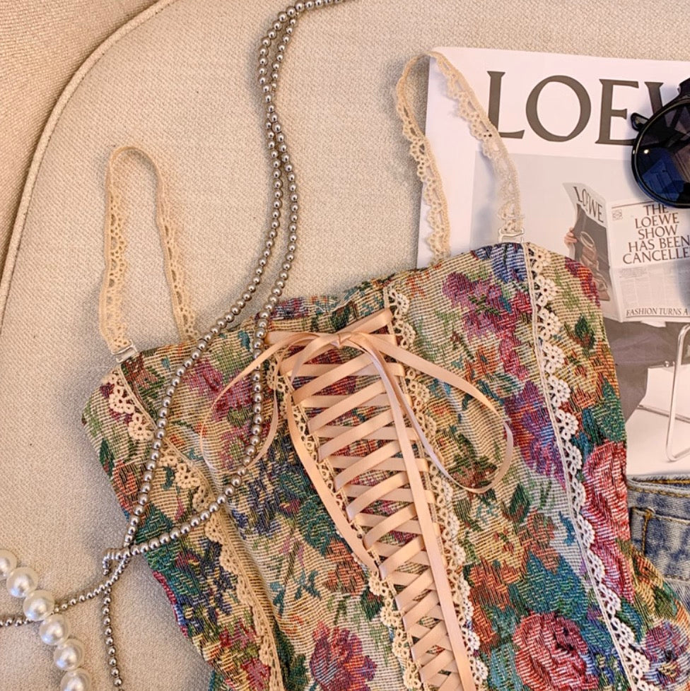 Oil Painting Floral Lace-up Top