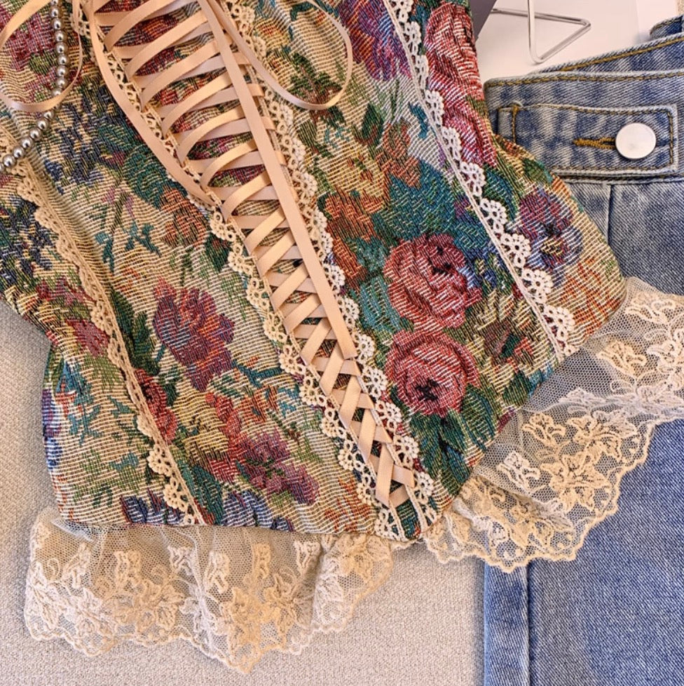 Oil Painting Floral Lace-up Top
