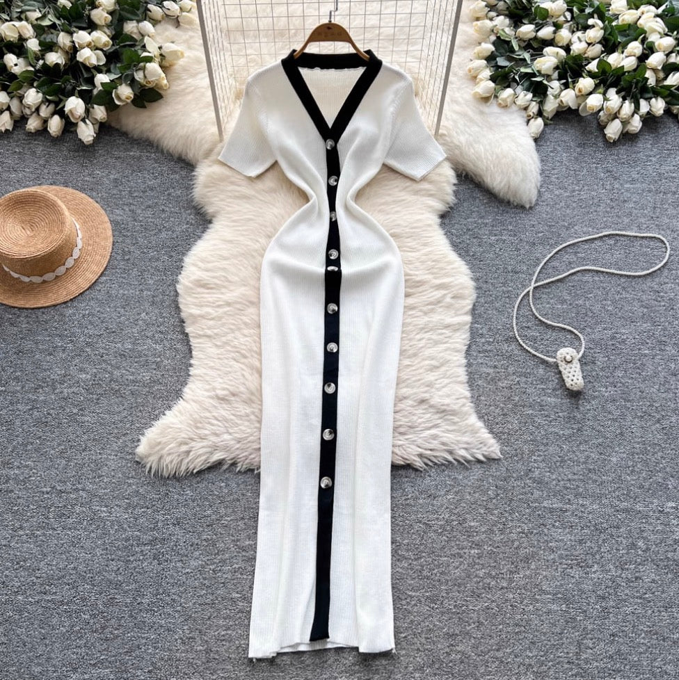 Elegant Color-blocking Knit Cardigan Dress