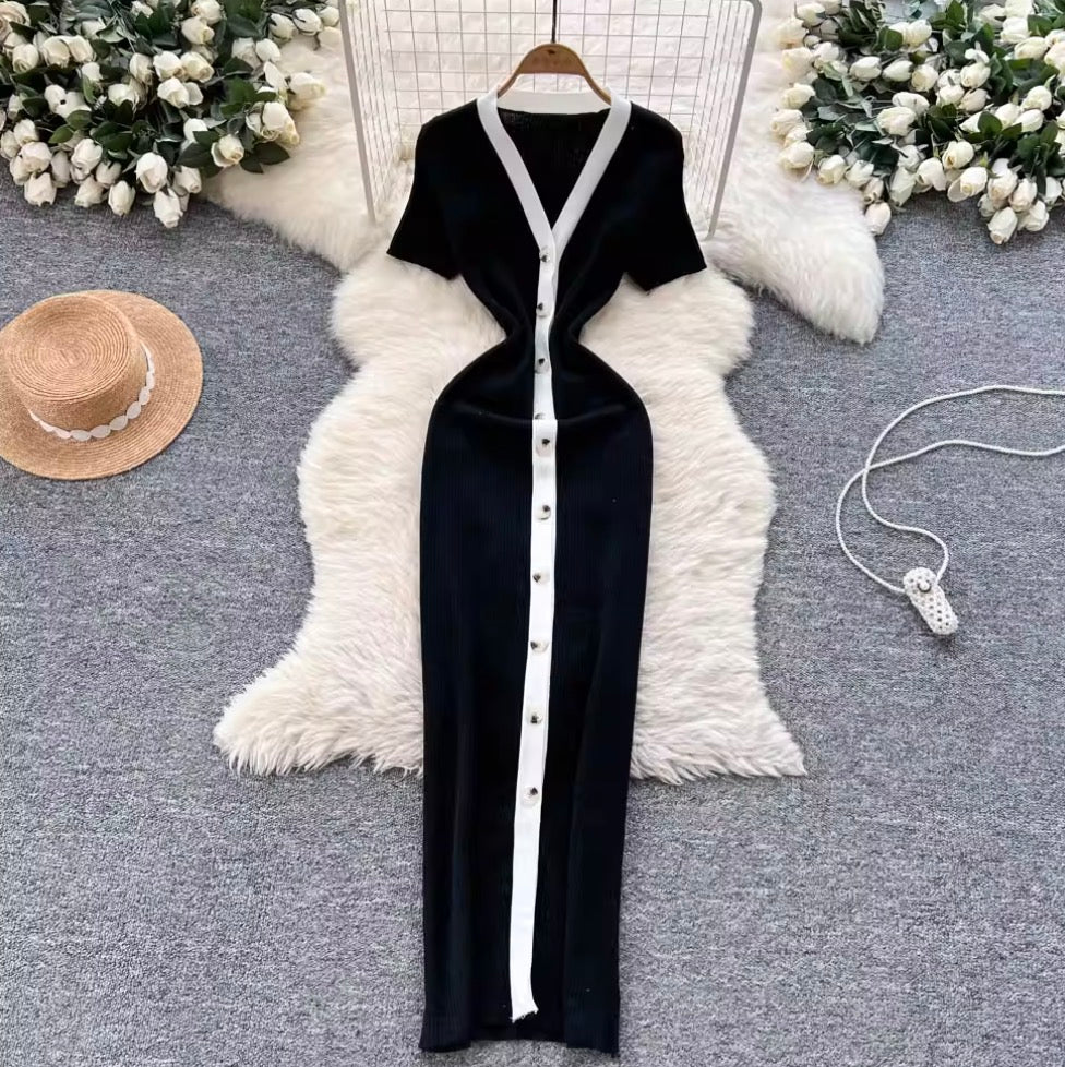 Elegant Color-blocking Knit Cardigan Dress