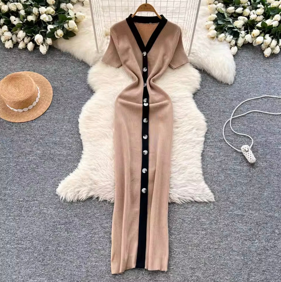 Elegant Color-blocking Knit Cardigan Dress