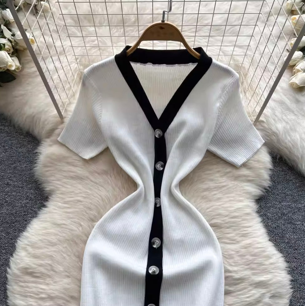Elegant Color-blocking Knit Cardigan Dress
