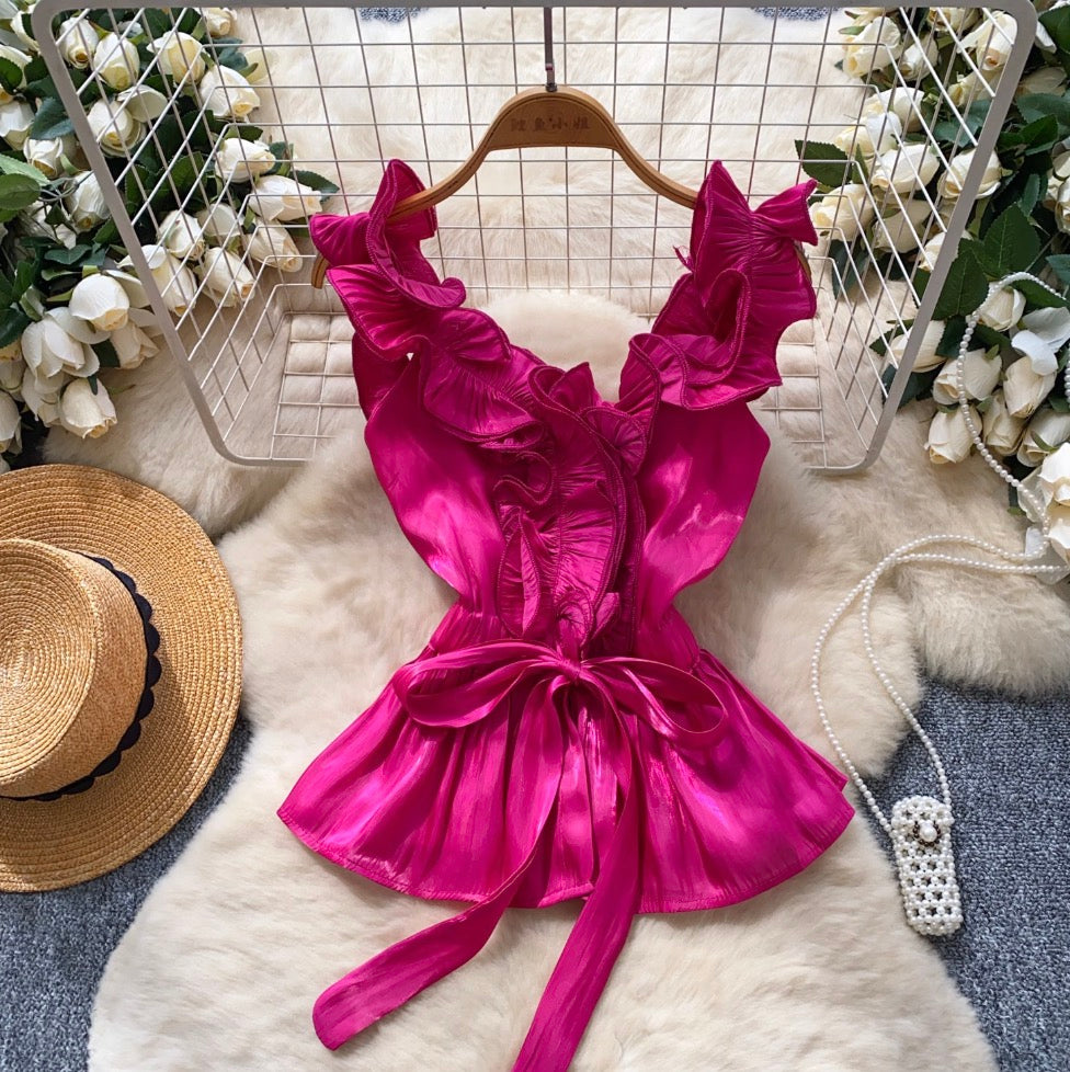 Niche Ruffled Lace-up Satin Top