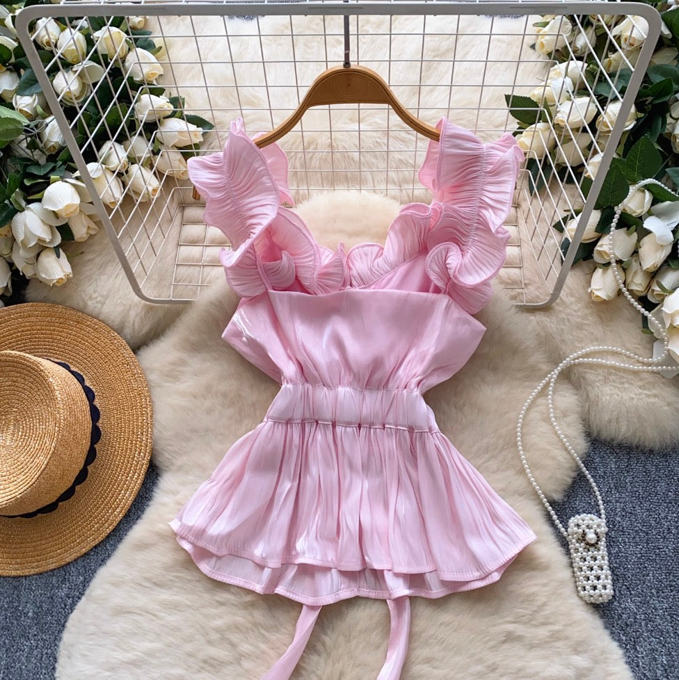 Niche Ruffled Lace-up Satin Top