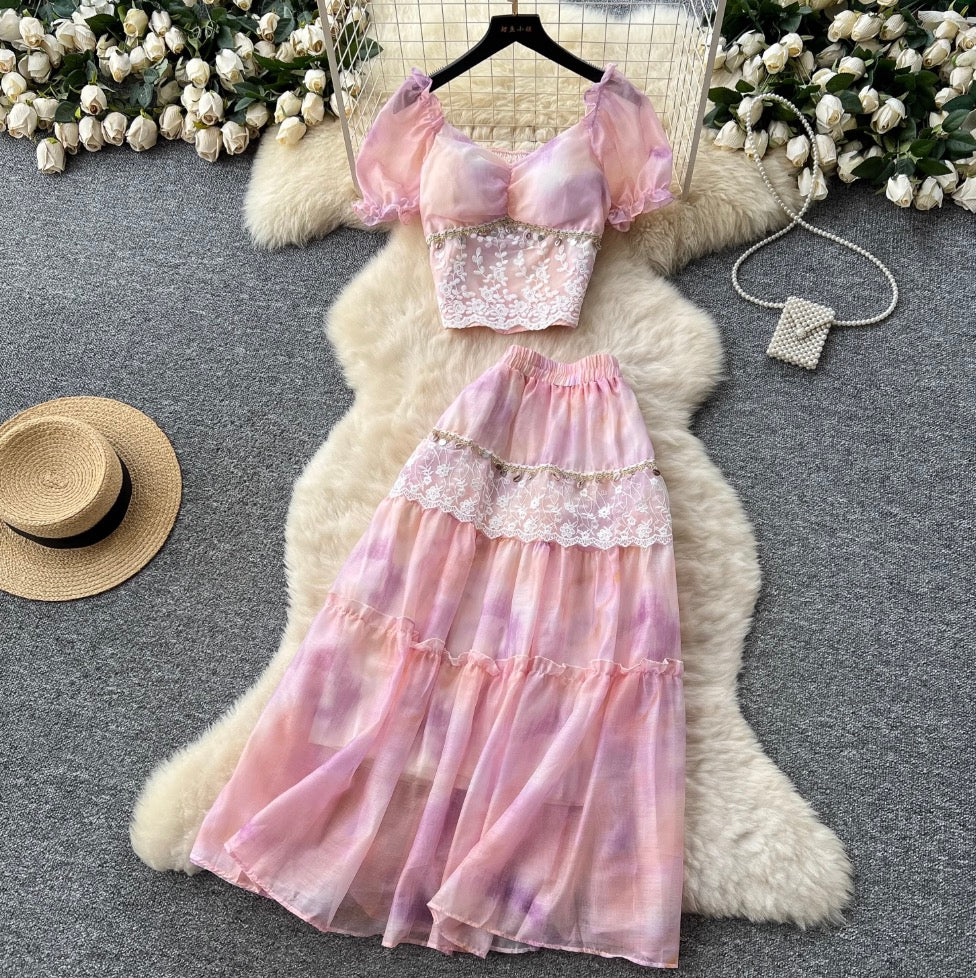Courtly Sequined Tie-dye Top & Skirt 2Pcs