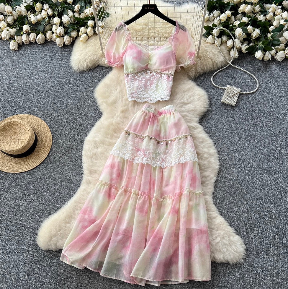 Courtly Sequined Tie-dye Top & Skirt 2Pcs