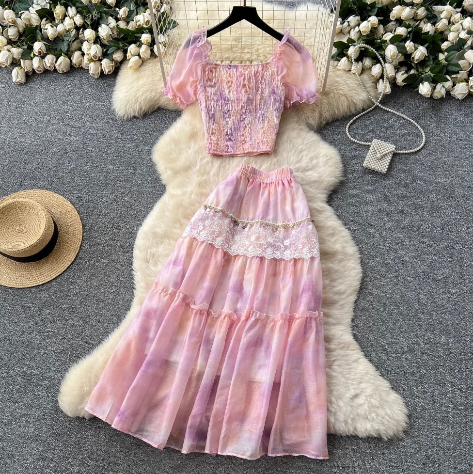 Courtly Sequined Tie-dye Top & Skirt 2Pcs