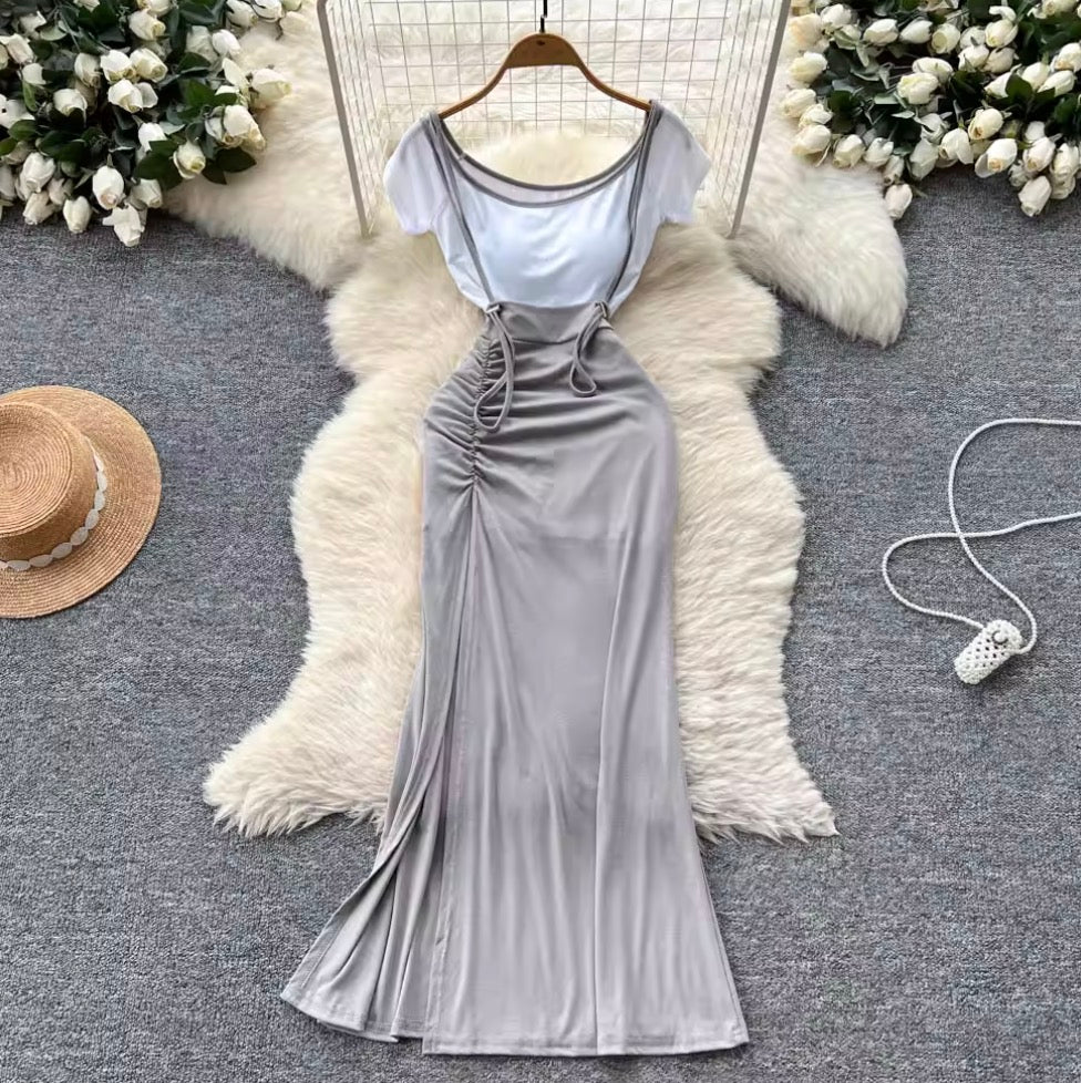Midriff-baring Shirt & Slip Dress 2Pcs