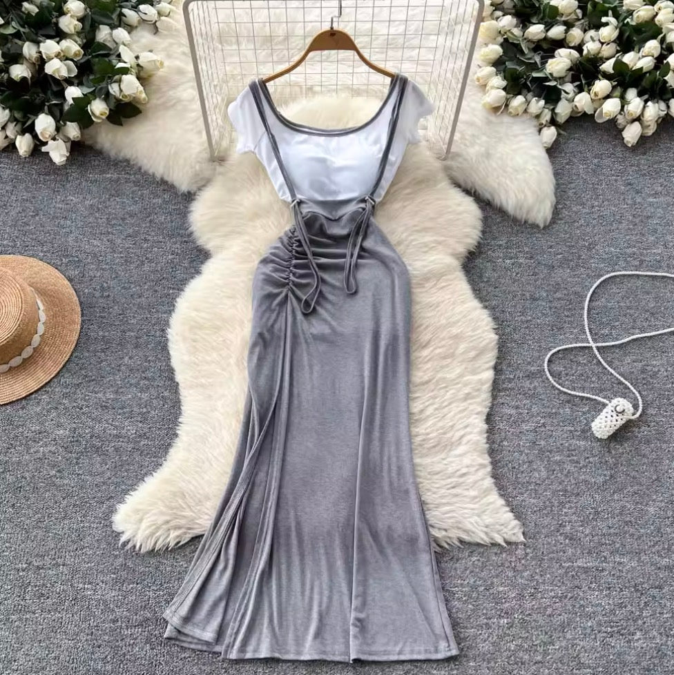 Midriff-baring Shirt & Slip Dress 2Pcs