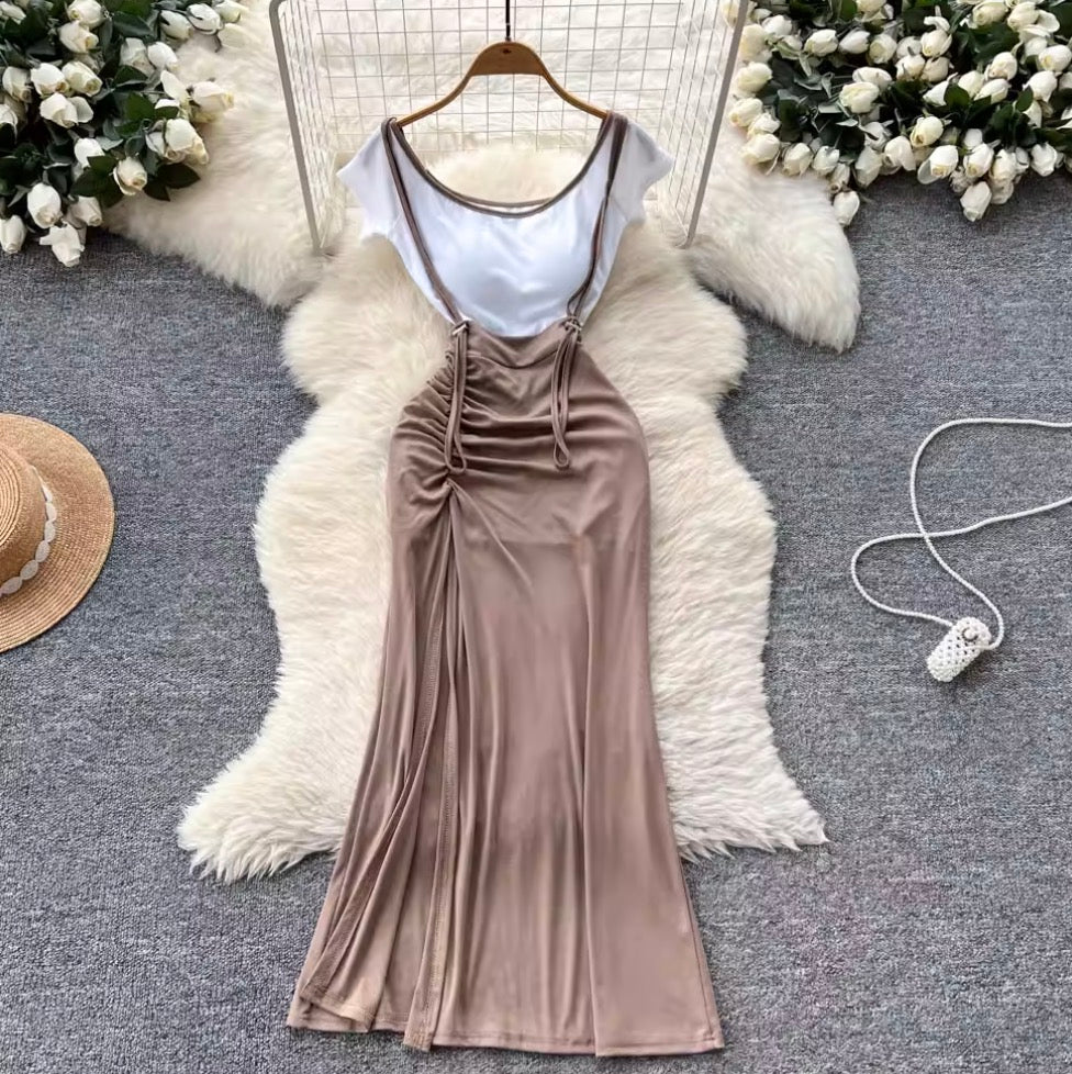 Midriff-baring Shirt & Slip Dress 2Pcs