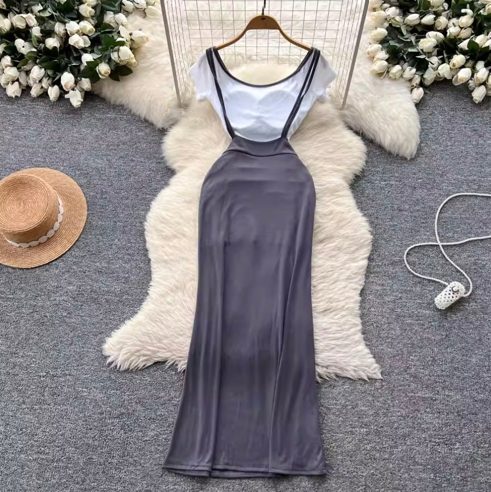 Midriff-baring Shirt & Slip Dress 2Pcs