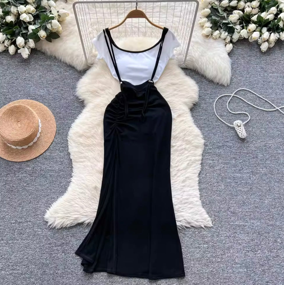 Midriff-baring Shirt & Slip Dress 2Pcs