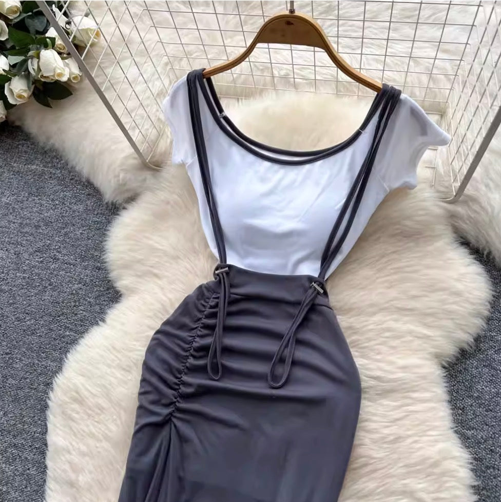Midriff-baring Shirt & Slip Dress 2Pcs