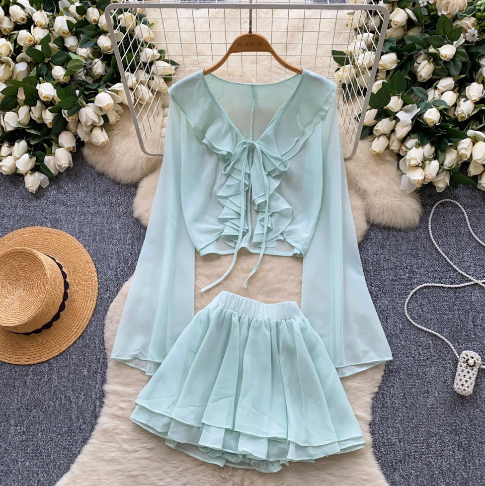 Sunscreen Cardigan & Pleated Skirt 2Pcs