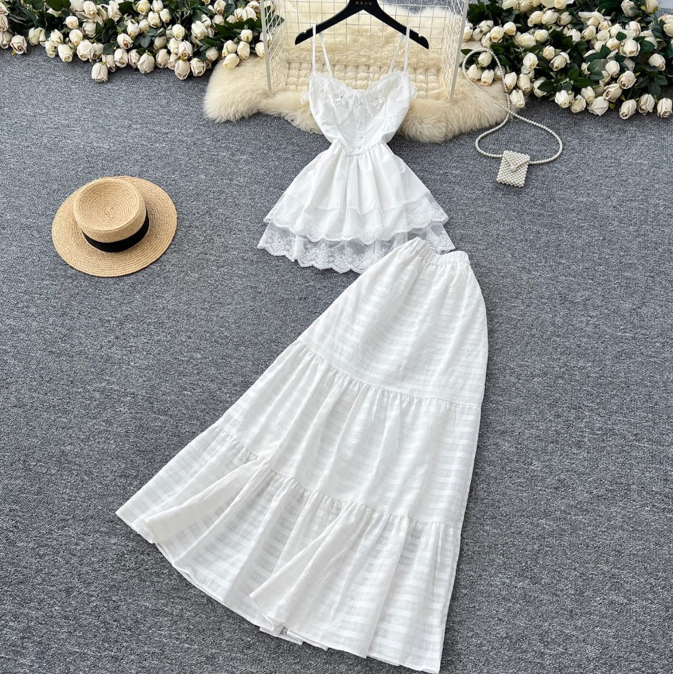 Lace Camisole & Skirt White 2Pcs