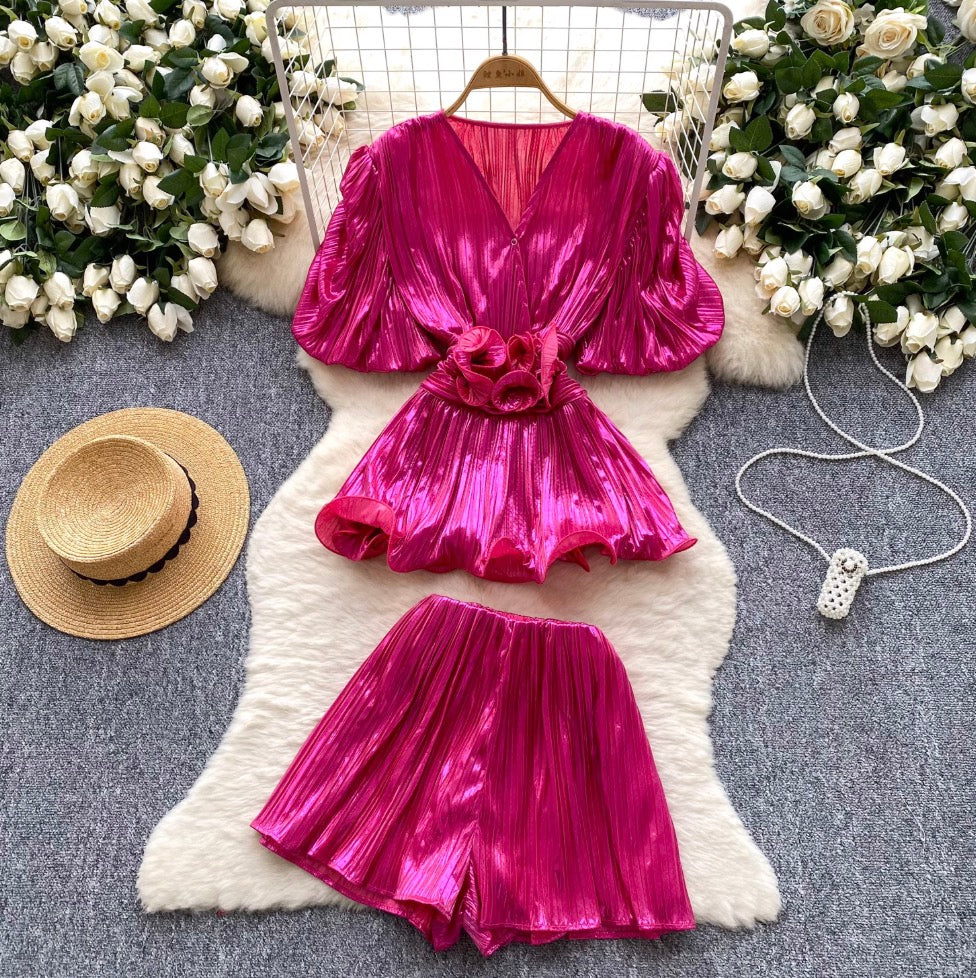V-neck Top & Wide-leg Shorts 2Pcs