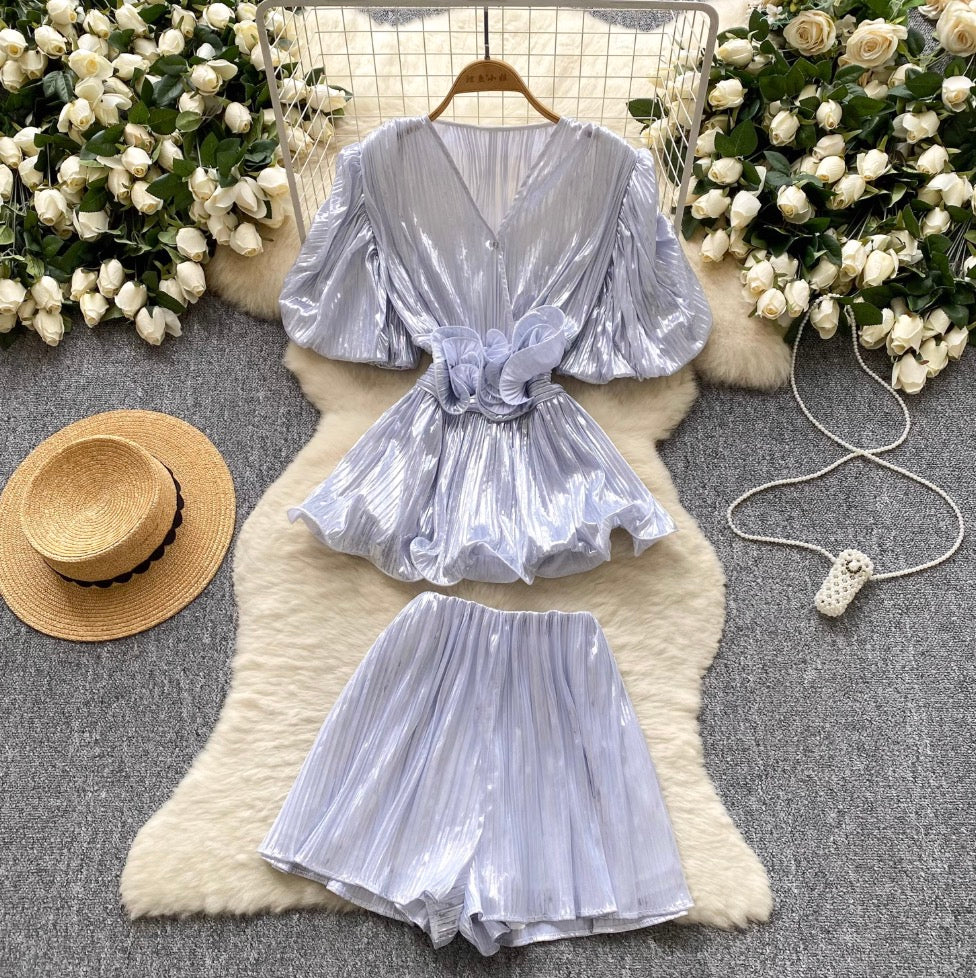 V-neck Top & Wide-leg Shorts 2Pcs