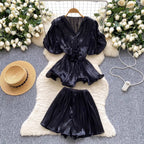 V-neck Top & Wide-leg Shorts 2Pcs