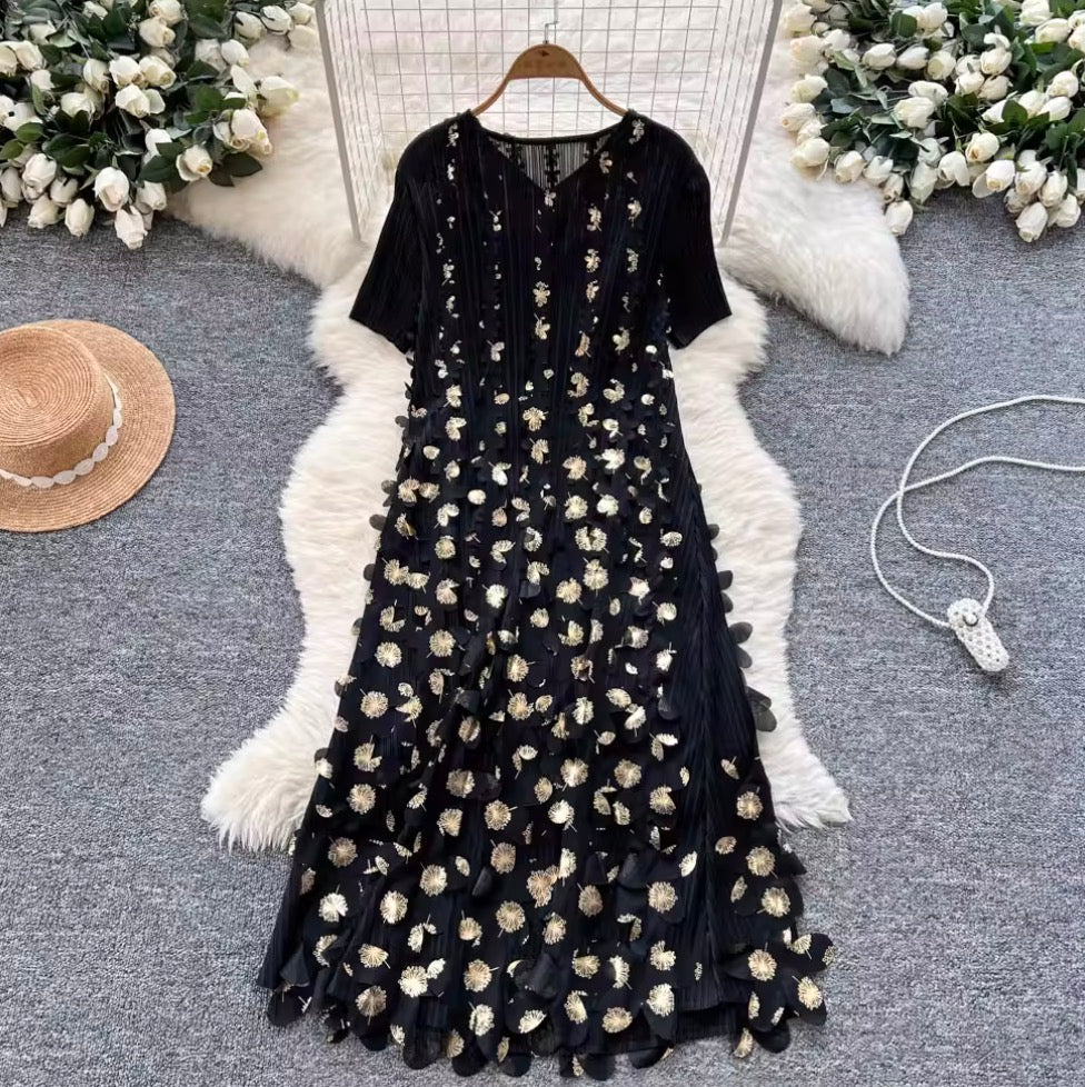Niche Stamped Gold Pleated Dress