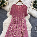 Niche Stamped Gold Pleated Dress
