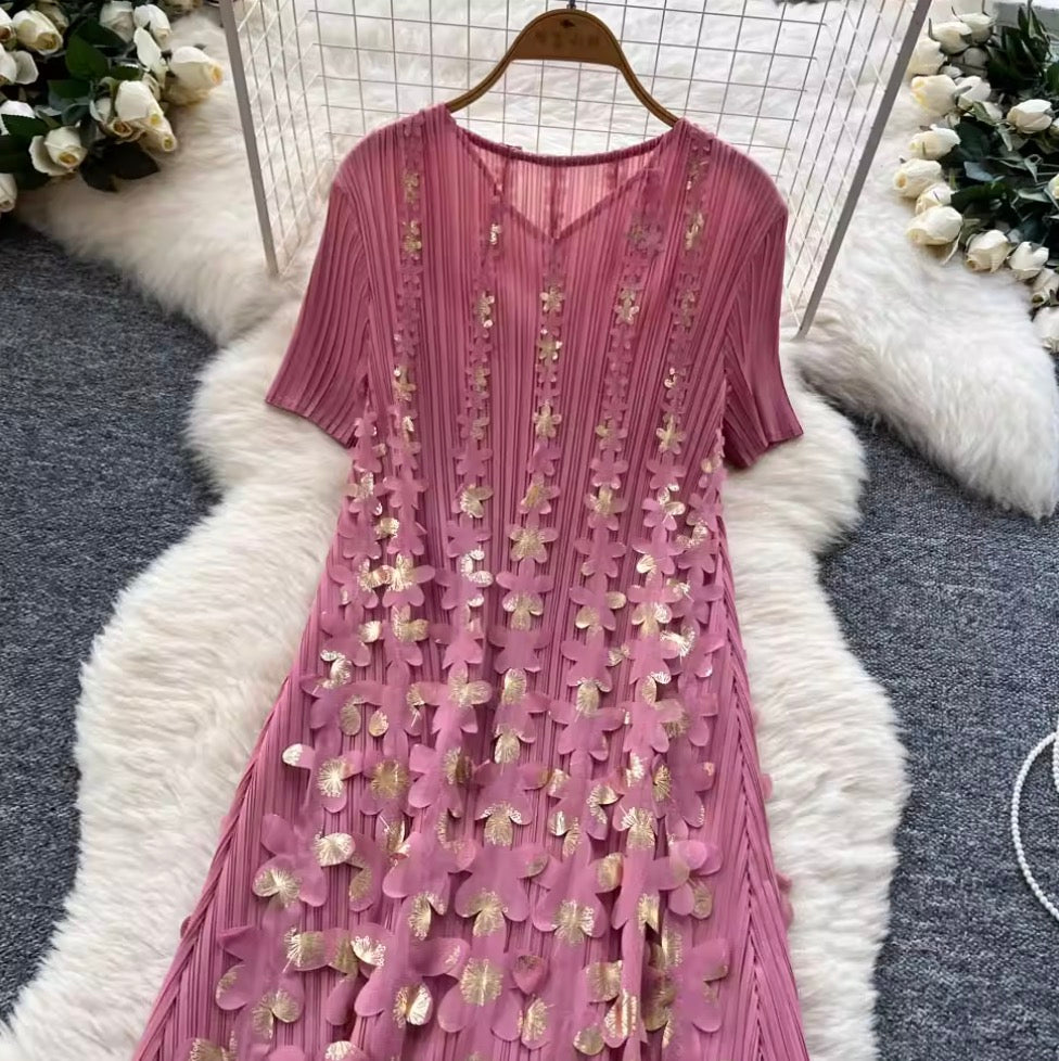 Niche Stamped Gold Pleated Dress
