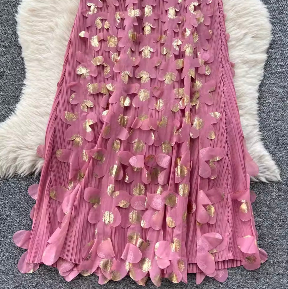 Niche Stamped Gold Pleated Dress