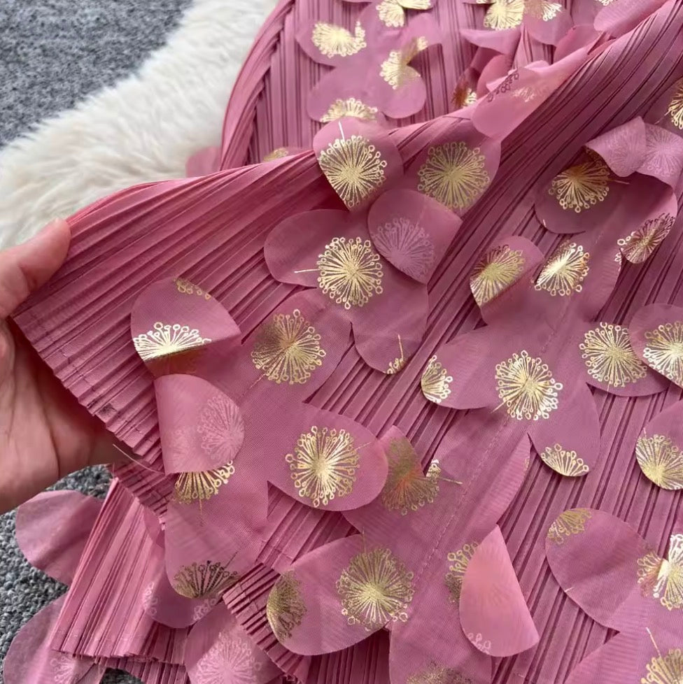 Niche Stamped Gold Pleated Dress