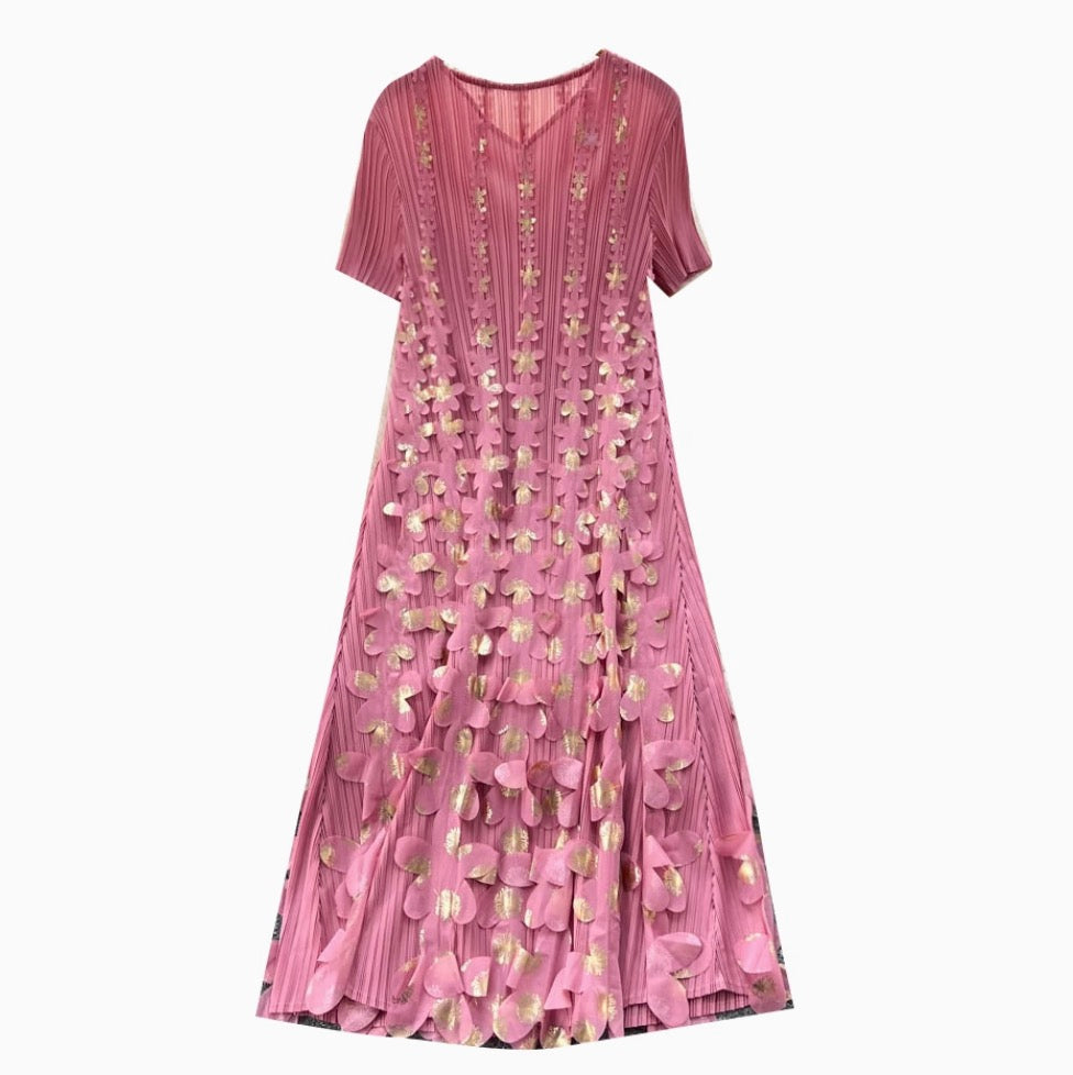Niche Stamped Gold Pleated Dress