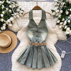 Chic Halter Denim Pleated Dress