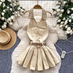 Chic Halter Denim Pleated Dress
