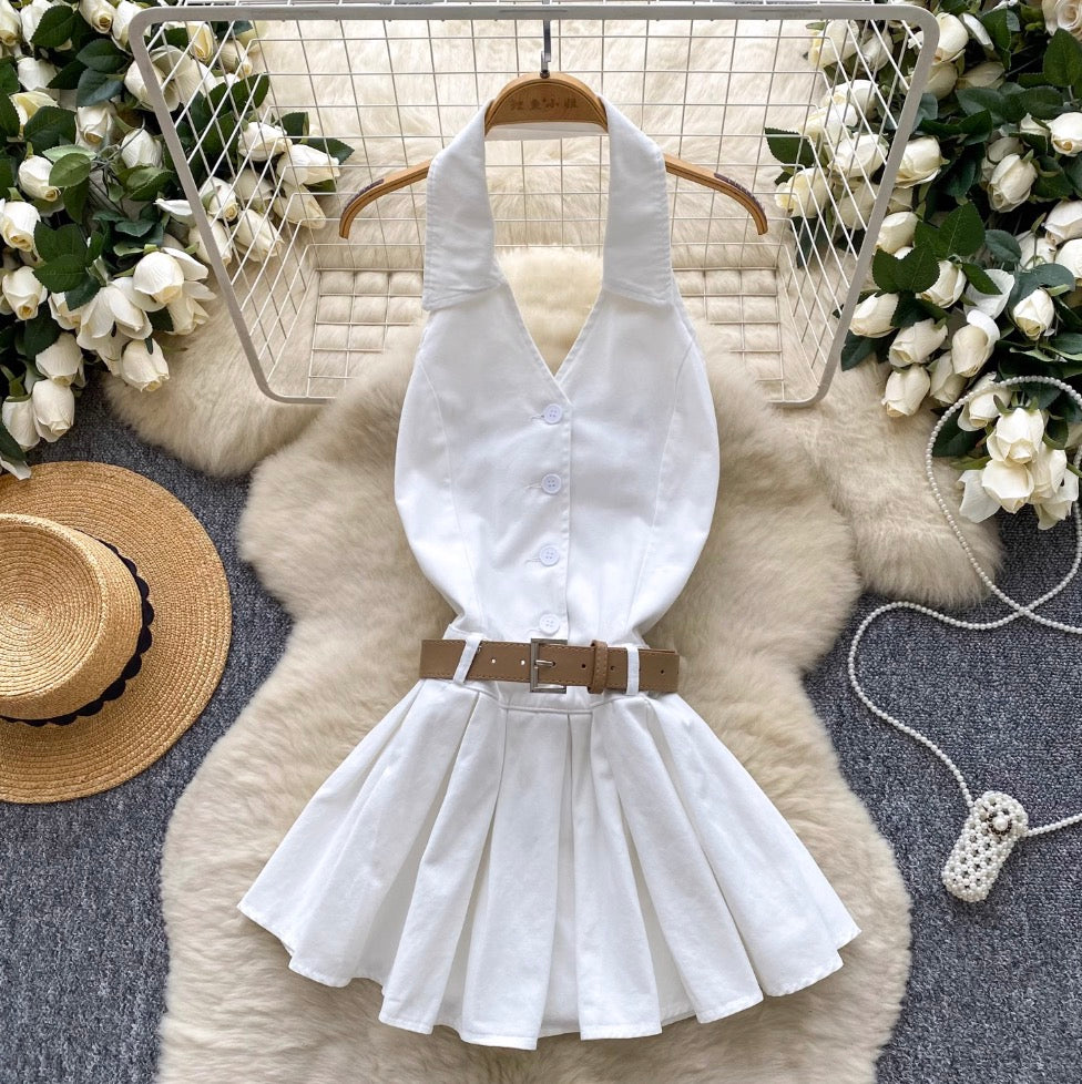 Chic Halter Denim Pleated Dress