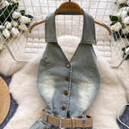 Chic Halter Denim Pleated Dress