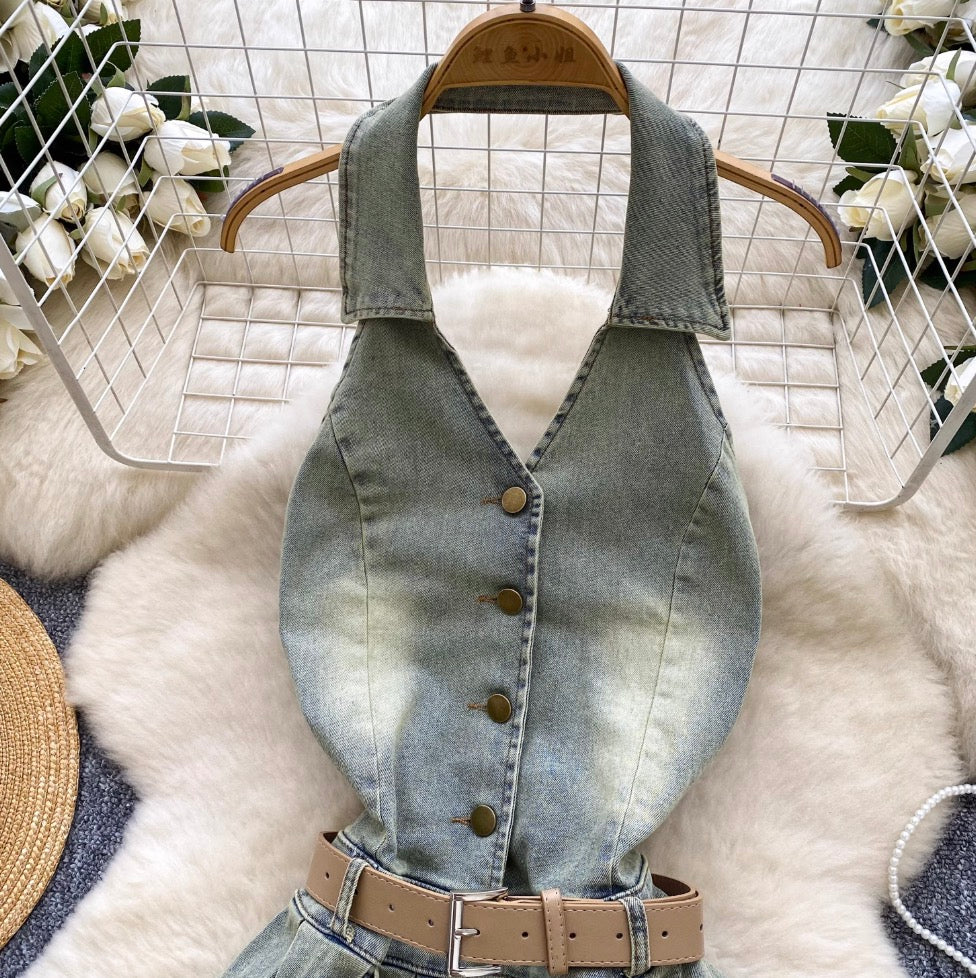 Chic Halter Denim Pleated Dress