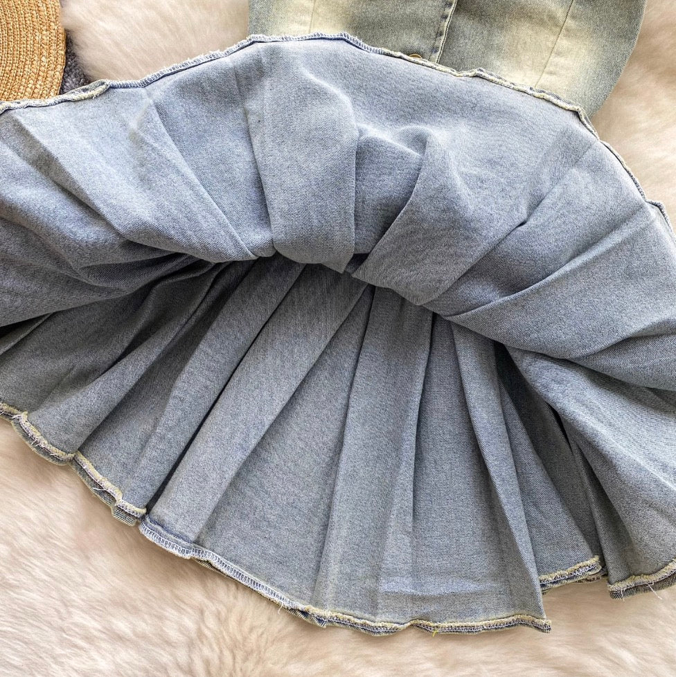 Chic Halter Denim Pleated Dress