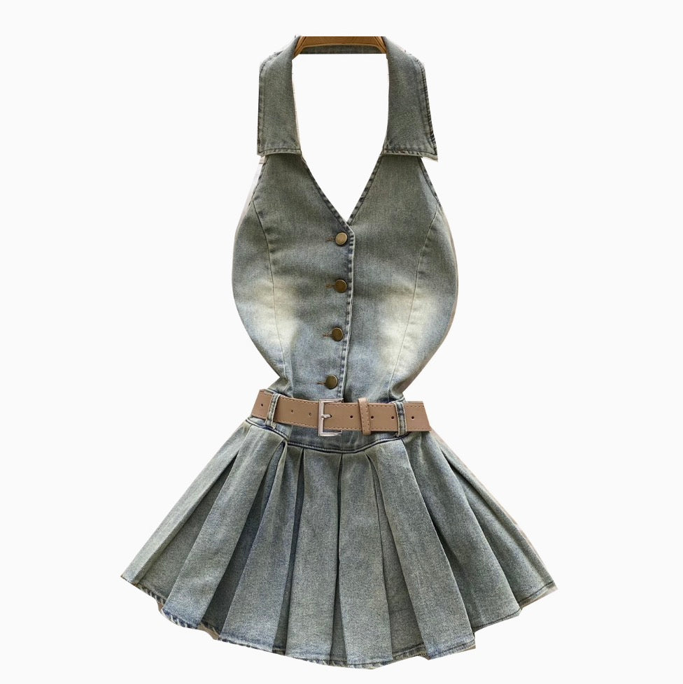 Chic Halter Denim Pleated Dress