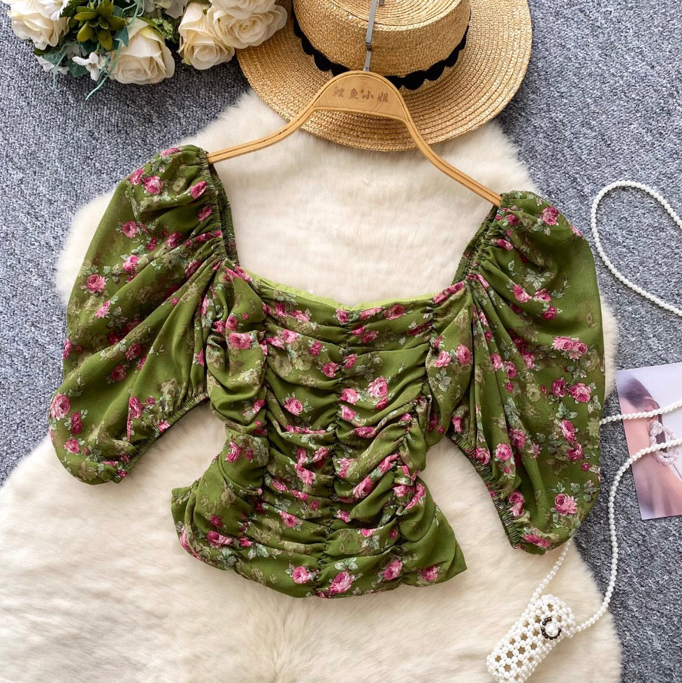 Square Neckline Pleated Floral Top