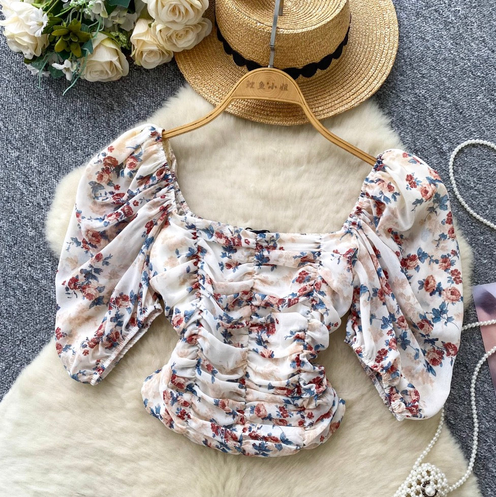 Square Neckline Pleated Floral Top