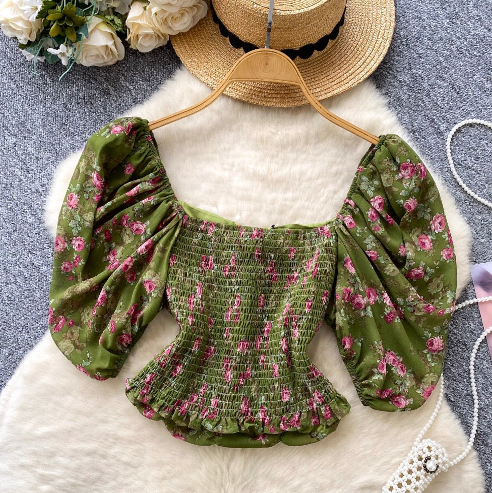 Square Neckline Pleated Floral Top