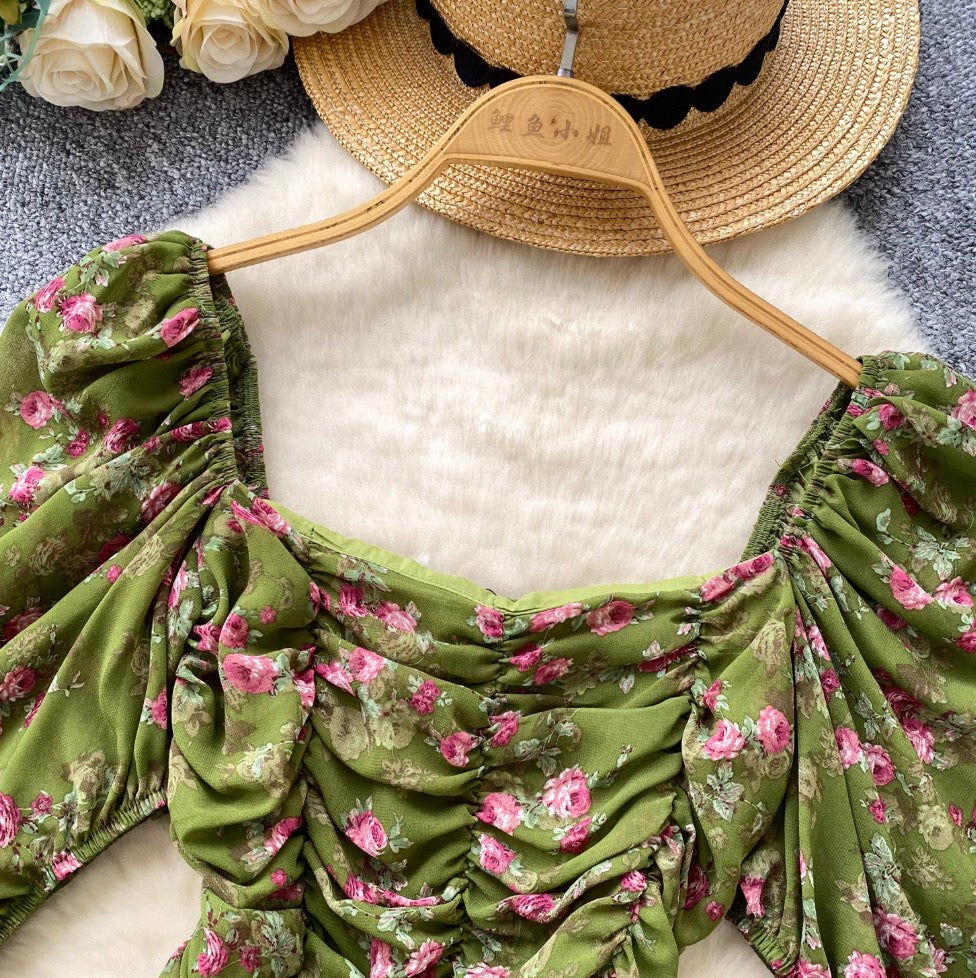 Square Neckline Pleated Floral Top