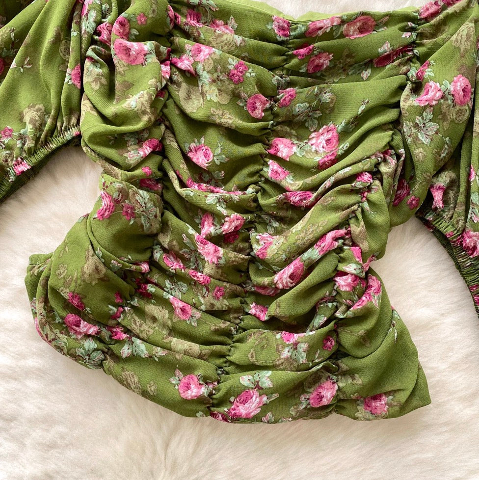 Square Neckline Pleated Floral Top