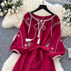 Bohemian Embroidered Lace-up Dress