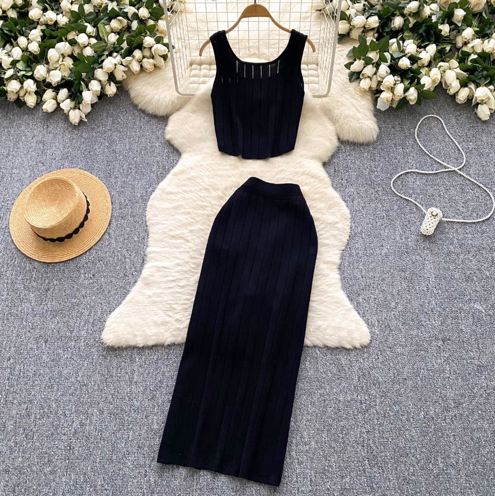 Cardigan Vest & Split Skirt Knit 2Pcs