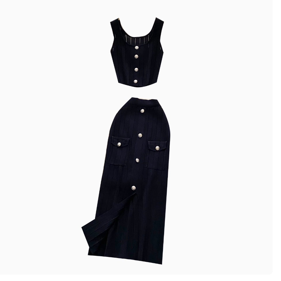 Cardigan Vest & Split Skirt Knit 2Pcs
