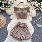 Off-shoulder Top & Lace-up Shorts 2Pcs